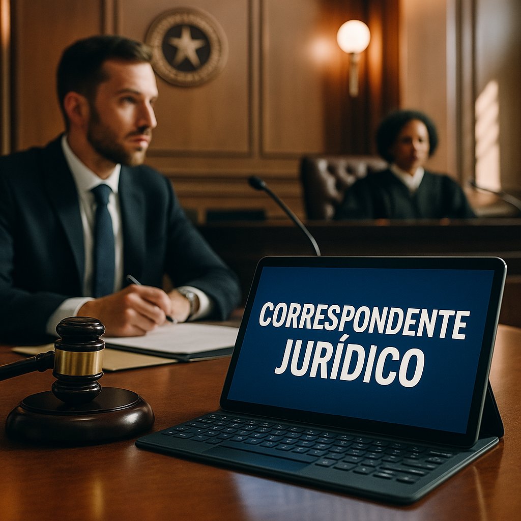 Cena realista de audiência jurídica com advogado e preposto, representando a importância de usar uma plataforma para contratar correspondente jurídico com segurança