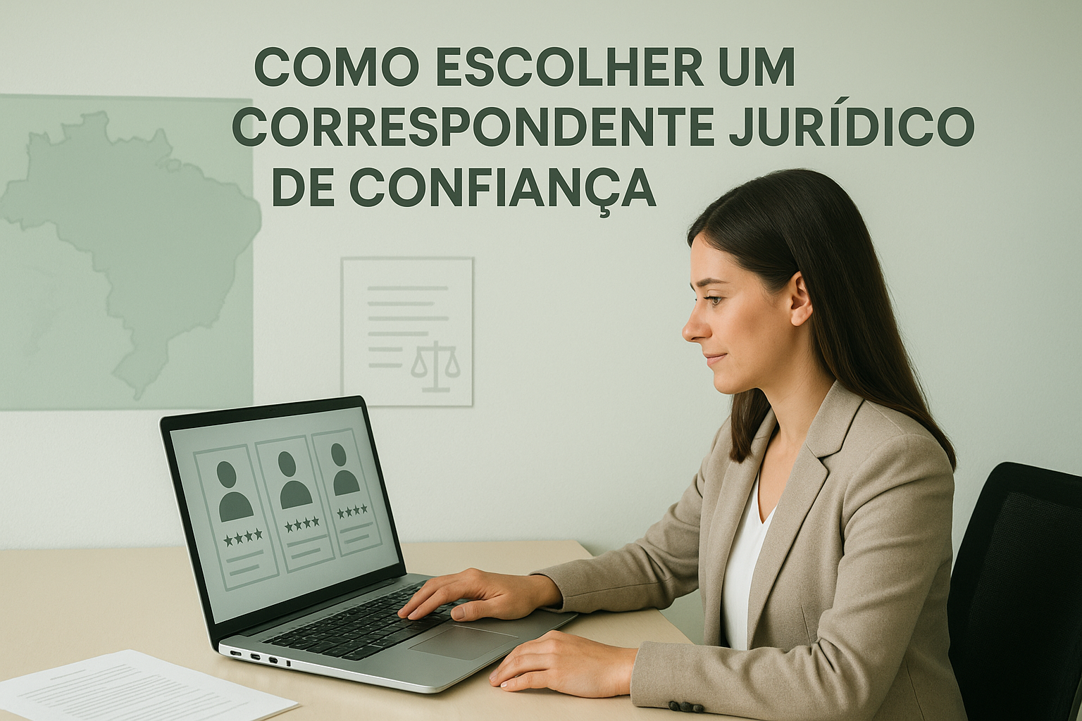 “Mulher analisando perfis para escolher um correspondente jurídico de confiança usando plataforma digital”